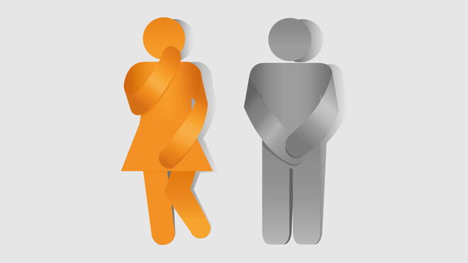 Grafik einer weiblichen und einer männlichen Strichfigur welche andeutet, dass beide auf die Toilette müssen | iStock / Naeblys